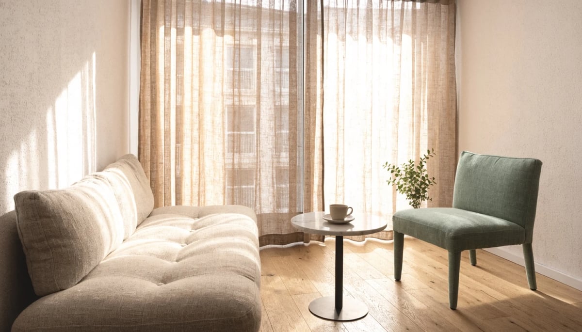 Sala de terapia con sofá beige, sillón salvia y luz natural