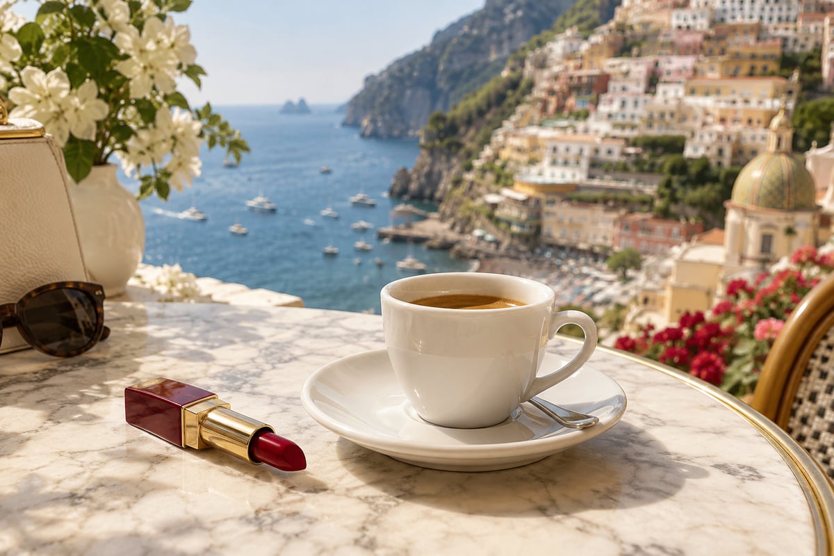 Espresso v porcelánovém šálku s otiskem červené rtěnky, výhled na Amalfi