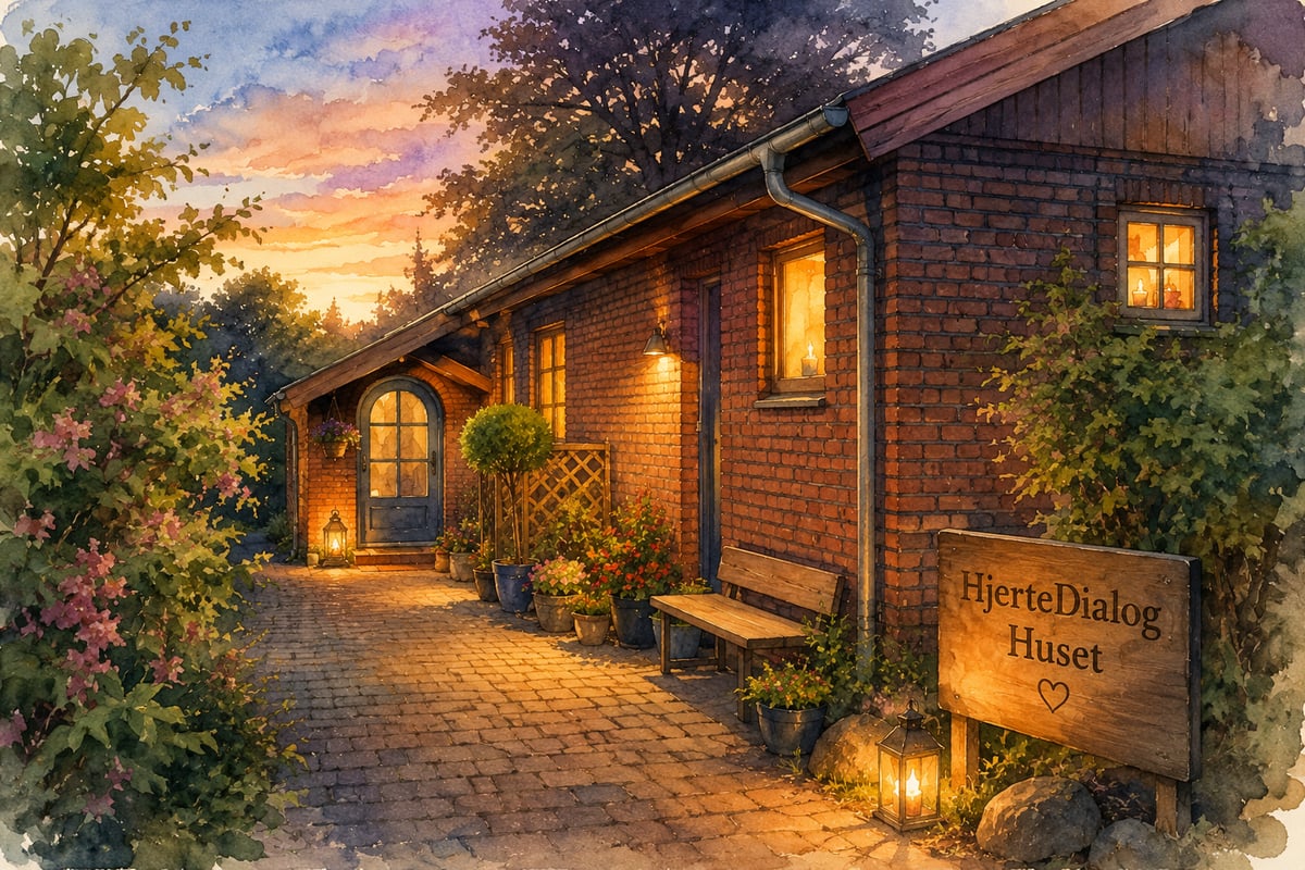 Illustration: HjerteDialog Huset i Møldrup i aftenlys med skilt og lantern