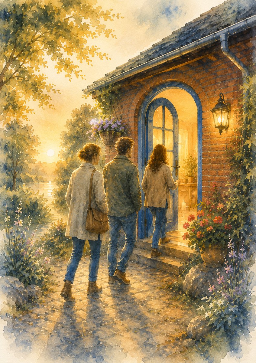 Illustration: kursister på vej ind ad døren til HjerteDialog Huset i aftenlys