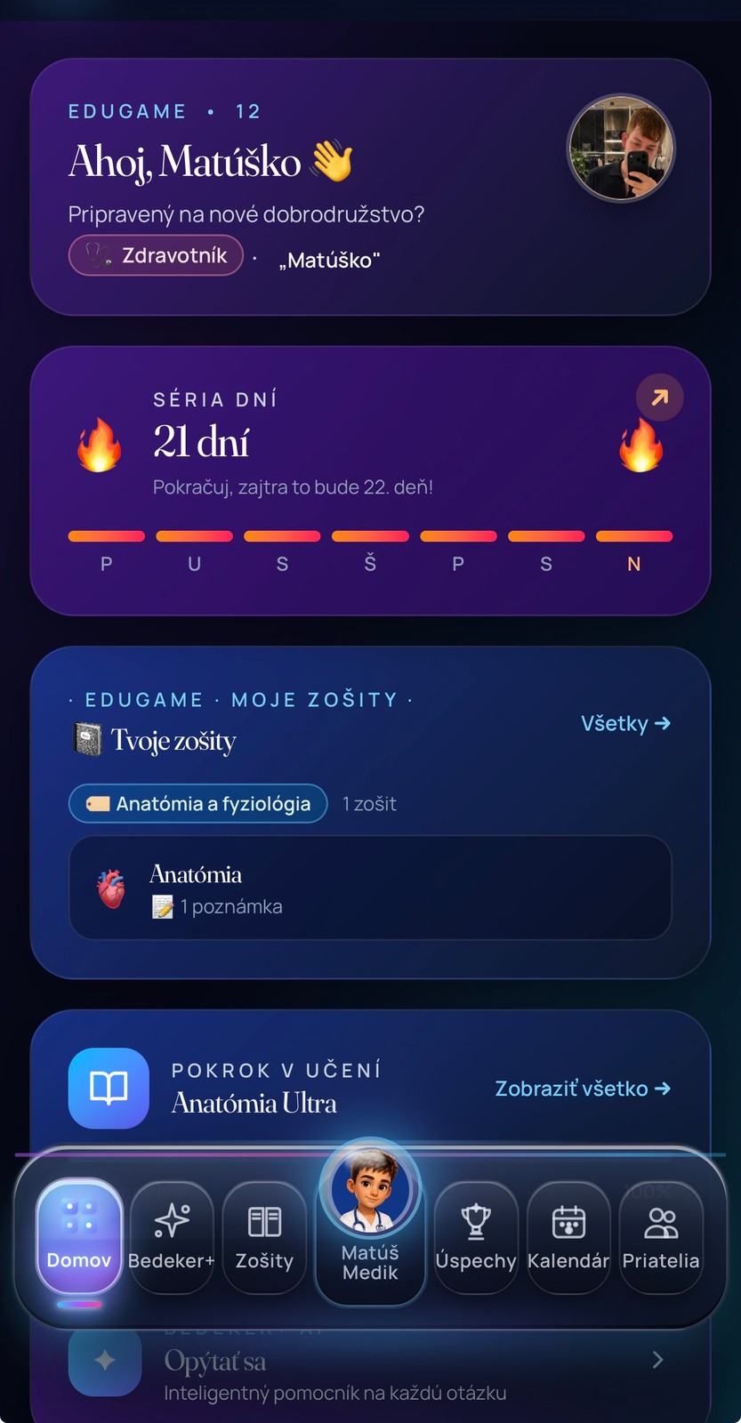 EduGame – reálny profil hráča Matúško, Level 12, séria dní, Moje zošity a Pokrok v učení