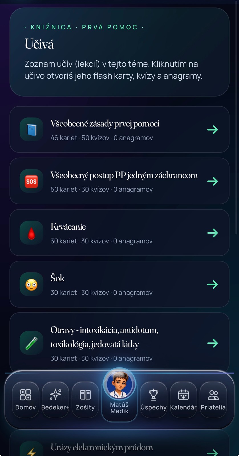 EduGame – Knižnica Prvá pomoc so zoznamom učív: Všeobecné zásady, Postup PP jedným záchrancom, Krvácanie, Šok, Otravy a ďalšie