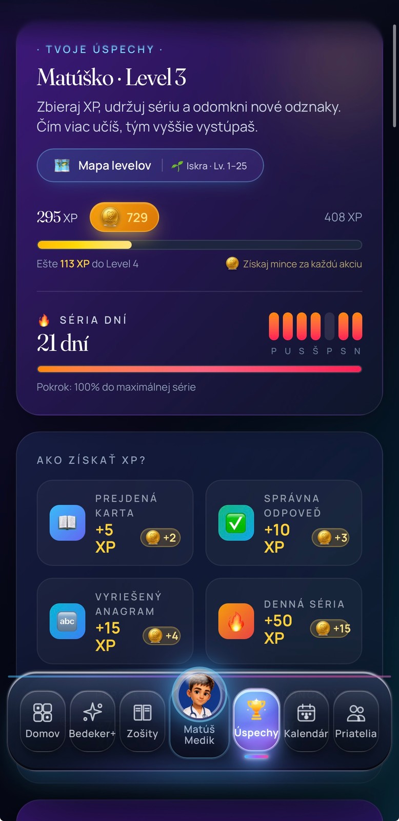 EduGame – reálne Úspechy hráča Matúško Level 3, 295/408 XP, Mapa levelov, Iskra, Séria 21 dní a Ako získať XP