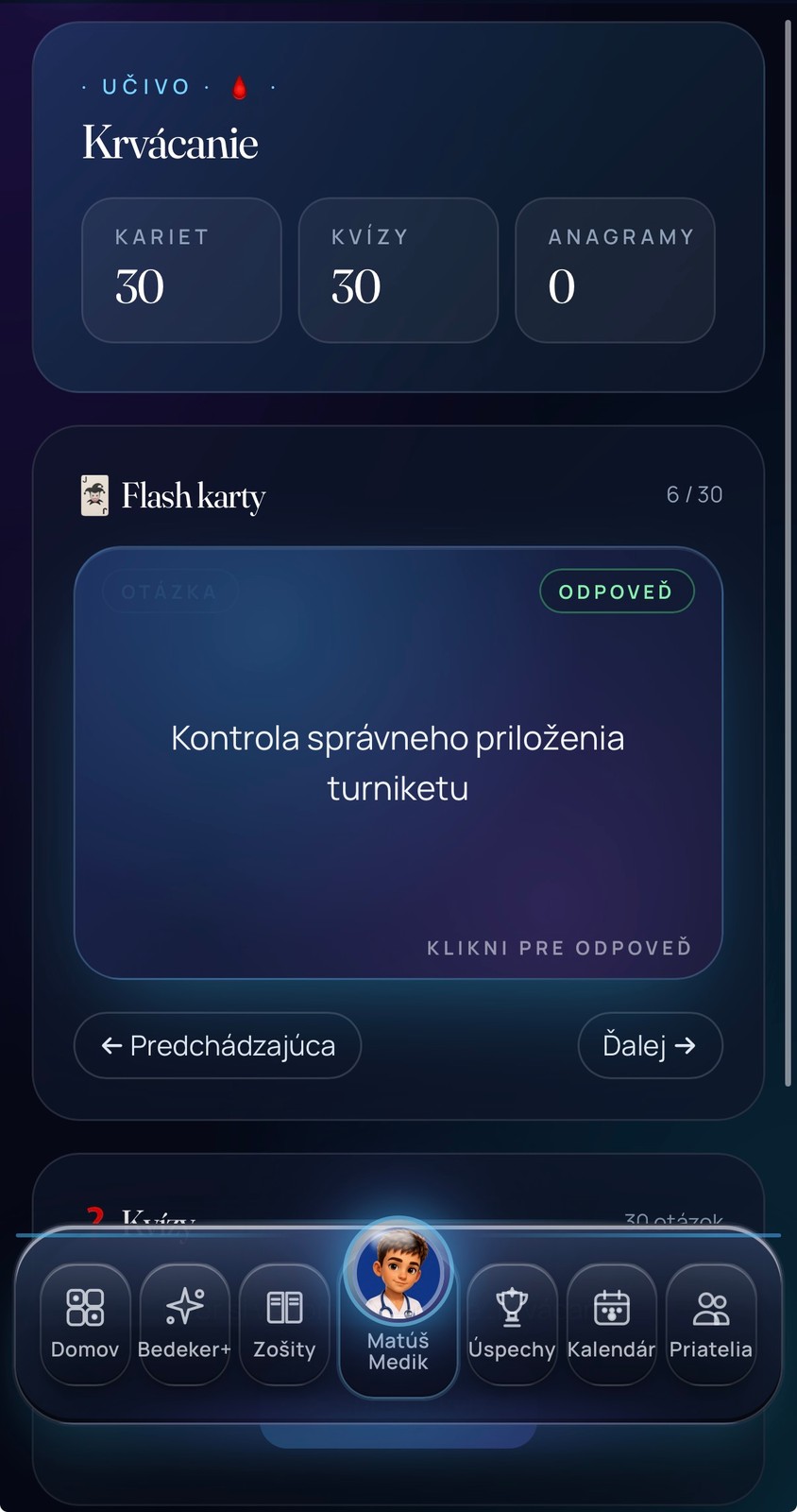 EduGame – reálne učivo 'Krvácanie' s 30 kartami, 30 kvízmi a flashkartou Definícia krvácania (haemorrhagia)