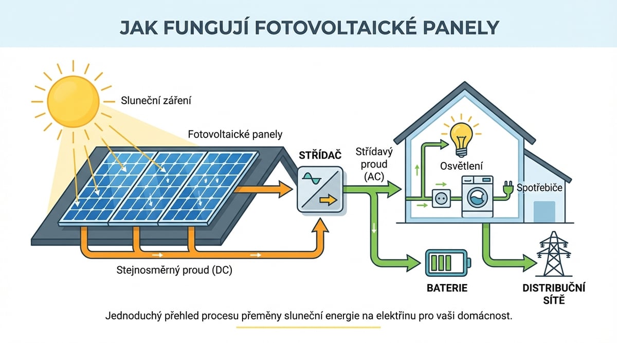 Infografika: Jak fungují fotovoltaické panely – schéma od panelů přes střídač do domácnosti a baterie