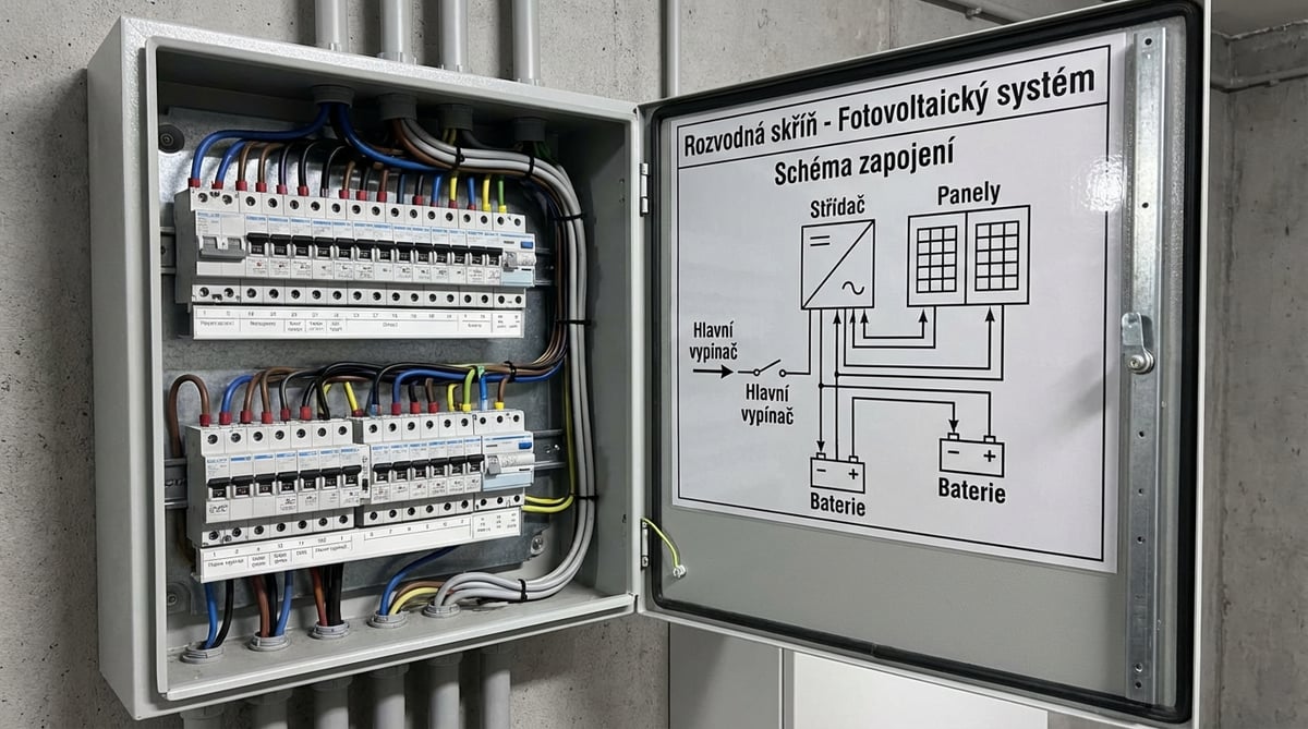 Rozvodná skříň fotovoltaického systému se schématem zapojení – střídač, panely, baterie