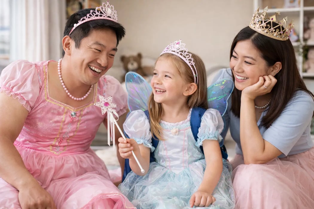 Foster carers playing dress-up with their foster daughter — a joyful, fun moment showing the everyday joy of fostering