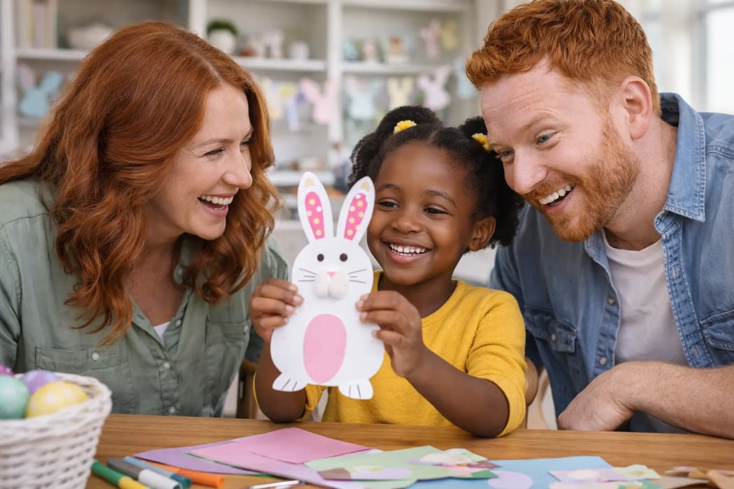 A foster family doing Easter crafts together at home — carers and their foster child laughing over a handmade paper rabbit