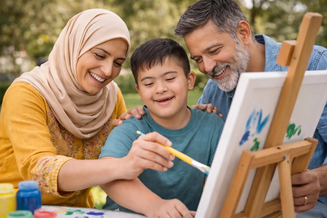 Inclusive foster carers helping a child with Down syndrome with painting — showing the diversity of families Silver Lining supports
