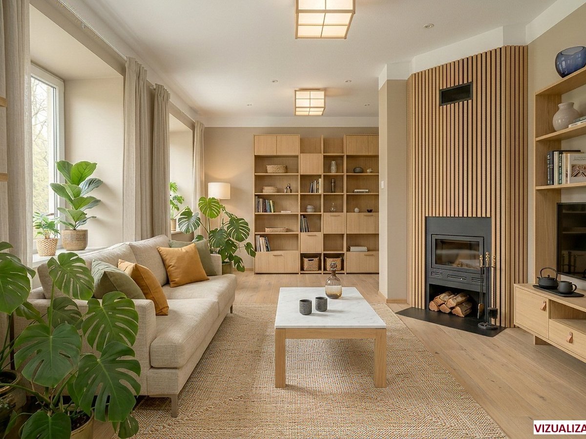 Vizualizace – obývací pokoj s krbem