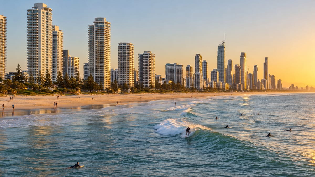 Surfers Paradise beach and skyline at golden hour on the Gold Coast