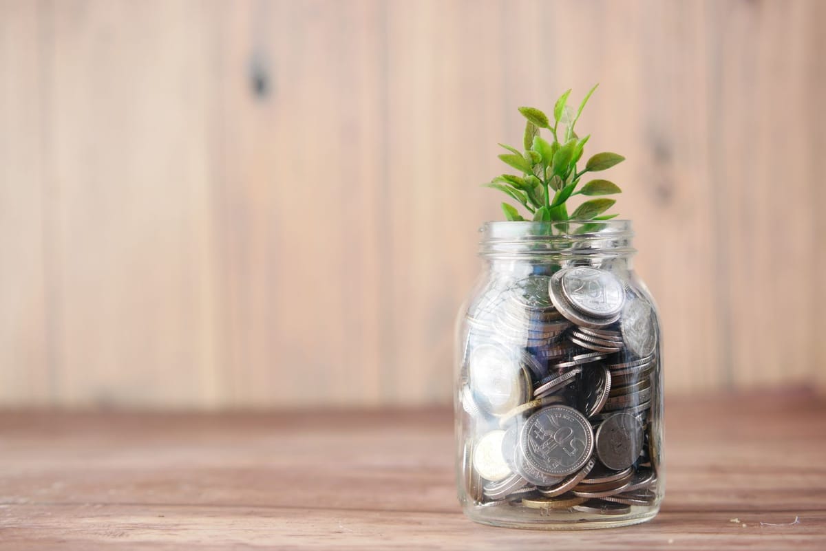 A jar of coins with a small plant growing out of it