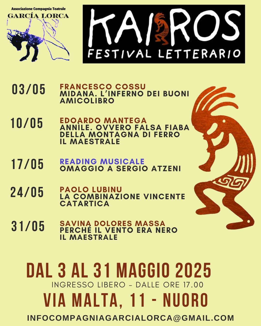 Locandina della prima edizione del festival Kairos, dal 3 al 31 maggio 2025 a Nuoro