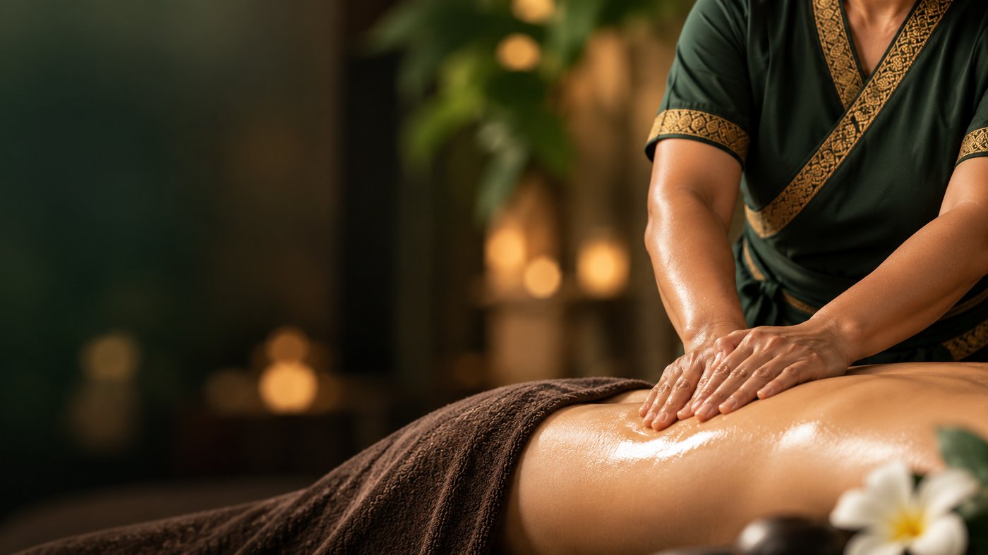 MyVela Thai-Massage in Muttenz bei Basel: Masseurin in traditioneller grün-goldener Tracht bei einer Thai-Öl-Massage im Kerzenschein MyVela Thai-Massage in Muttenz bei Basel: Masseurin in traditioneller grün-goldener Tracht bei einer Thai-Öl-Massage im Kerzenschein