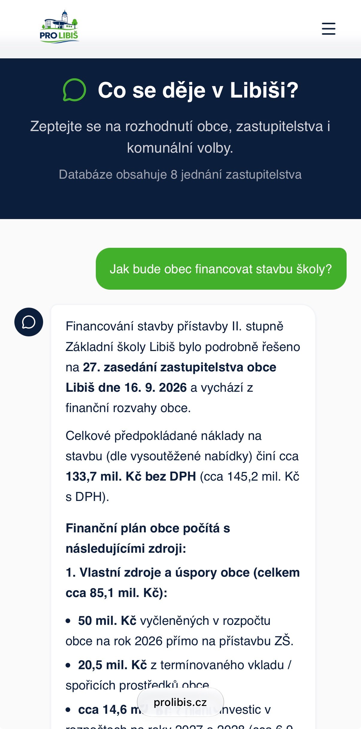 AI asistent Pro Libiš odpovídající na otázku k dění v obci