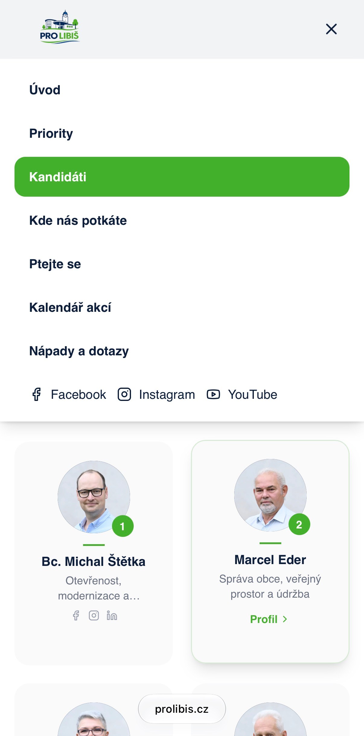 Mobilní podoba webu Pro Libiš s navigací a kandidáty