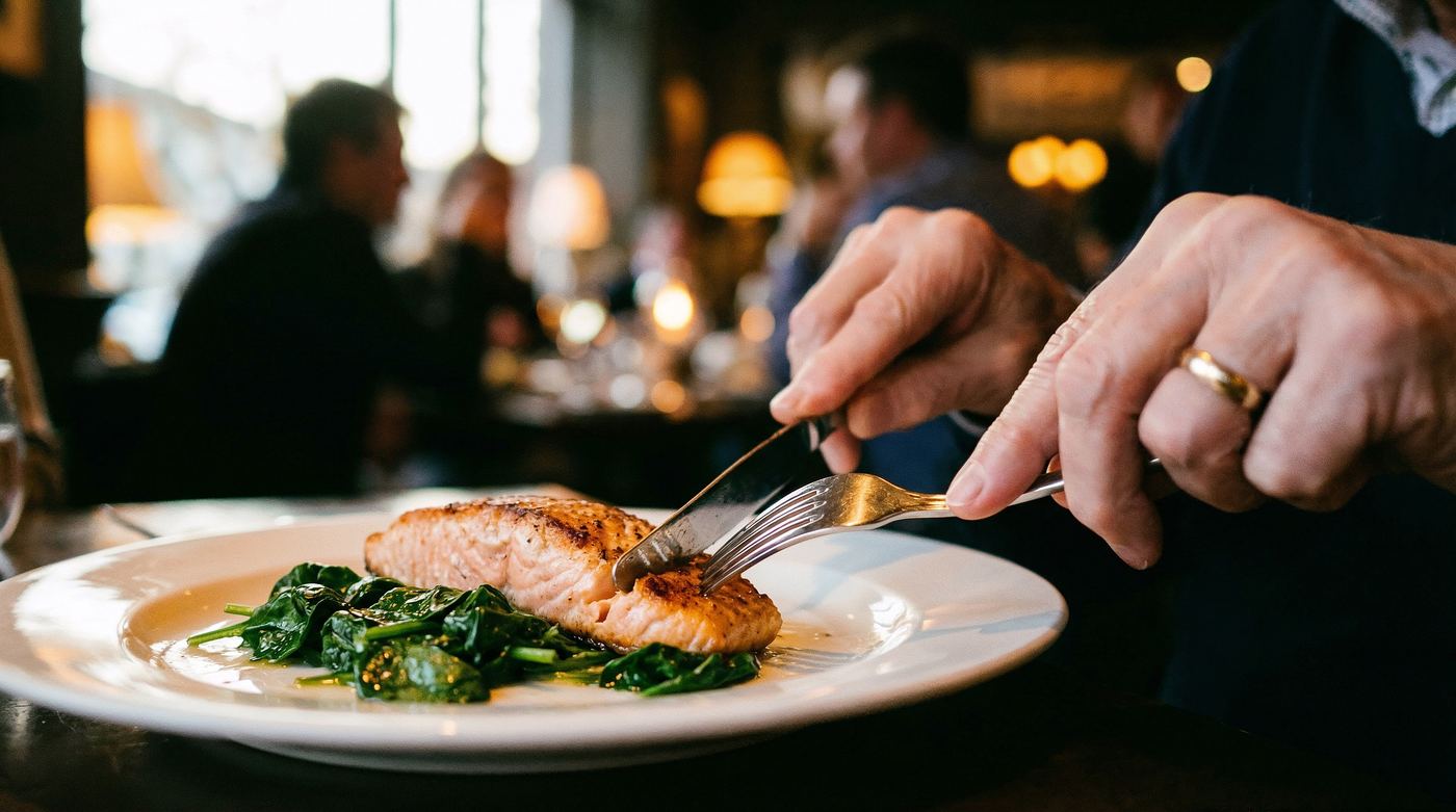 Guests enjoying a salmon dinner at a cosy Oslo restaurant table
