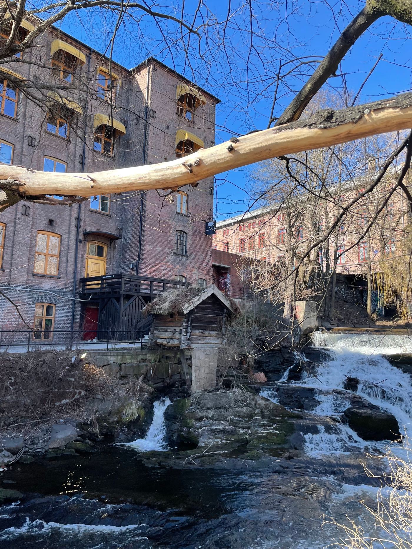 The Akerselva river flowing through Oslo with trees and buildings along the banks
