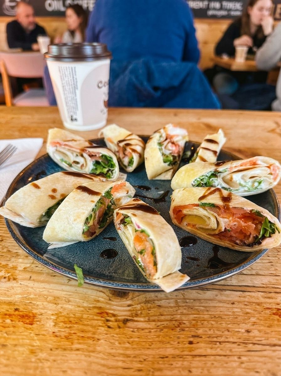 Salmon and lefse wrap with cream cheese served at a cosy Grünerløkka bar