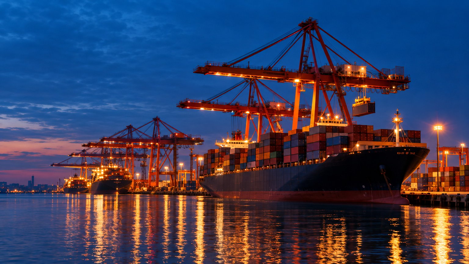 Containerschiffe und Kräne in einem Hafen in Großbritannien oder Irland