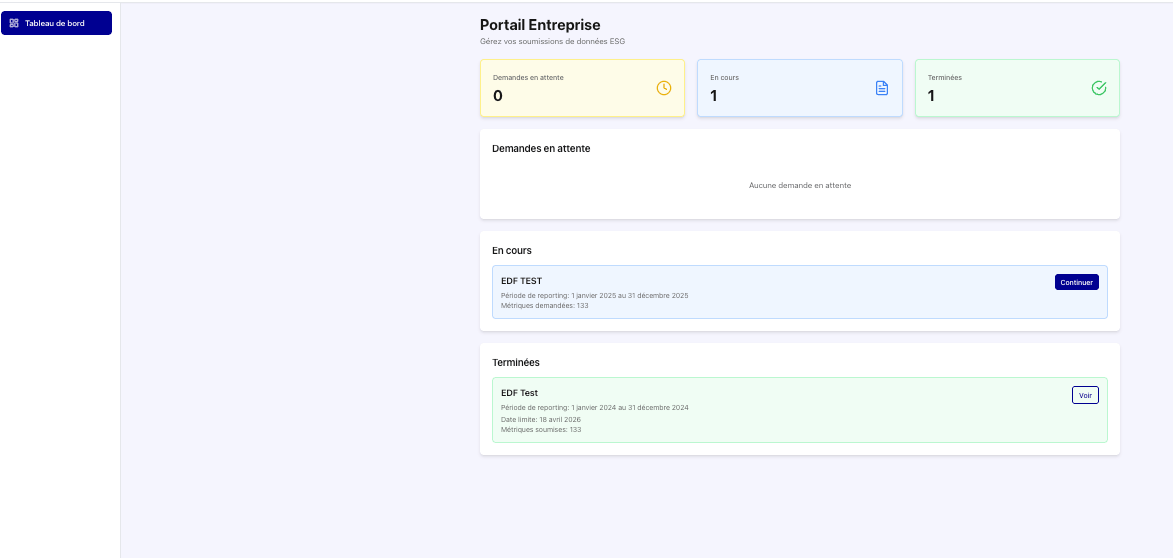 Screenshot of the company portal showing ESG data submission progress