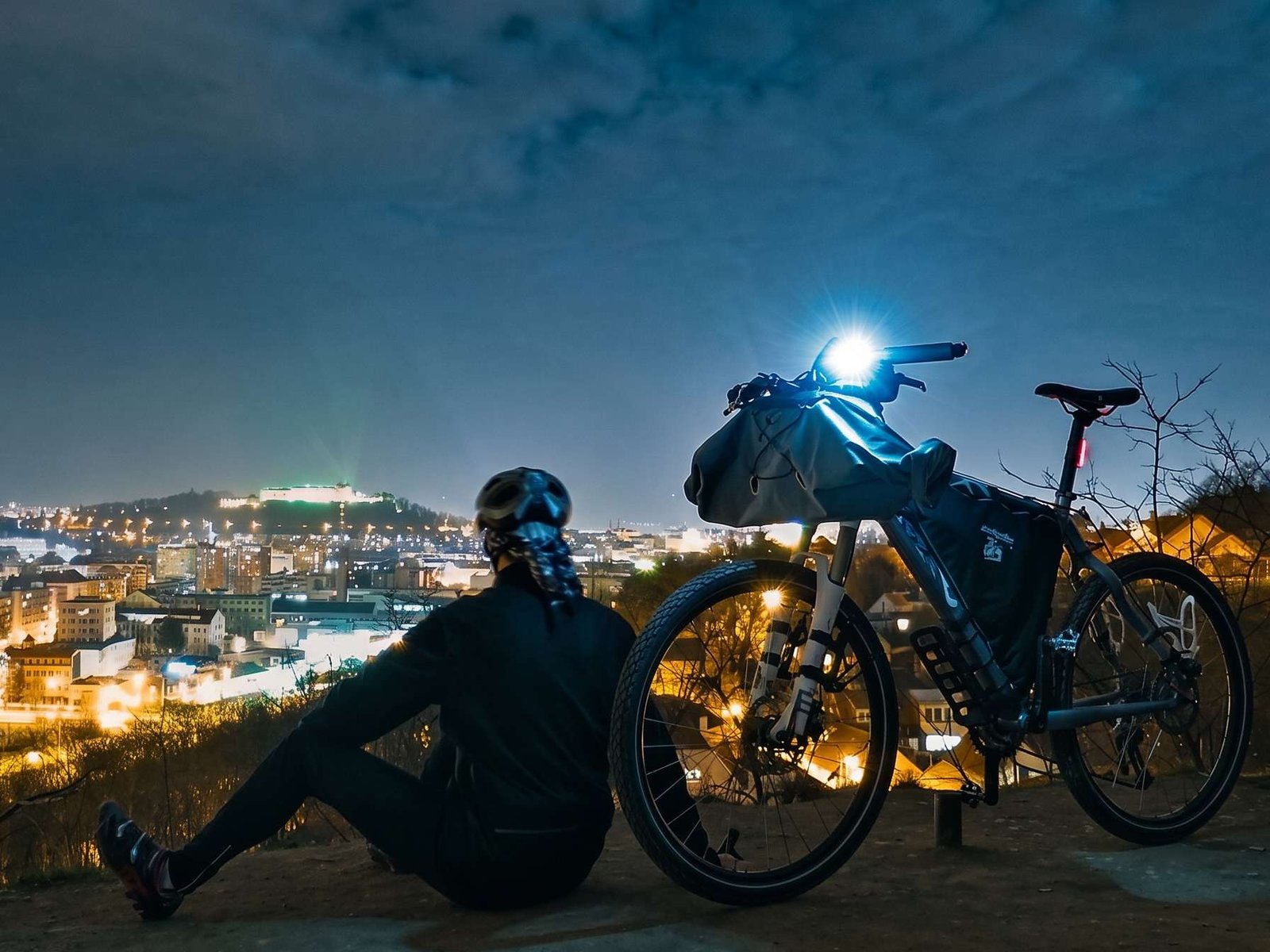 Brno city lights at night from a bike