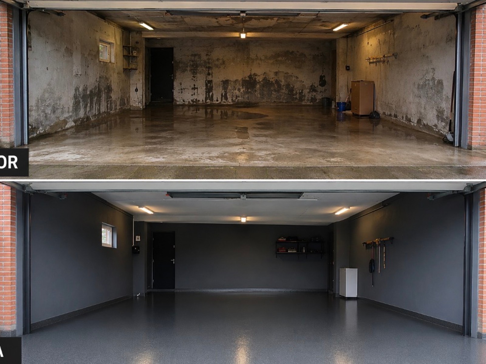 Epoxy garage voor en na behandeling - vochtige betonvloer en muren omgetoverd naar strakke grijze epoxy