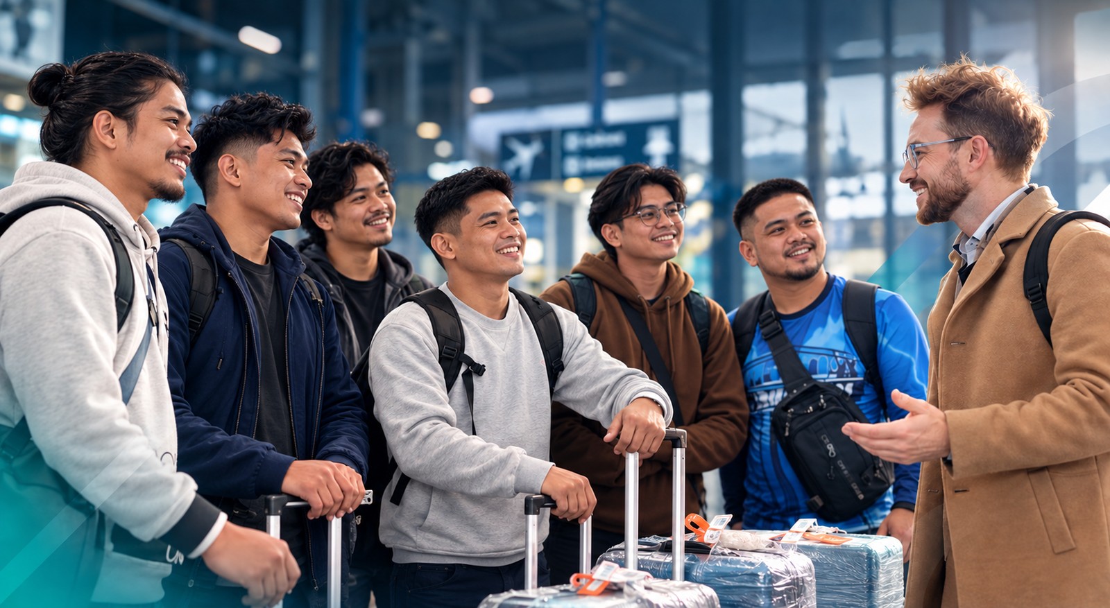 Konzultant Clever Recruitment s velkou skupinou pracovníků z Filipín u značení Prague v letištní hale