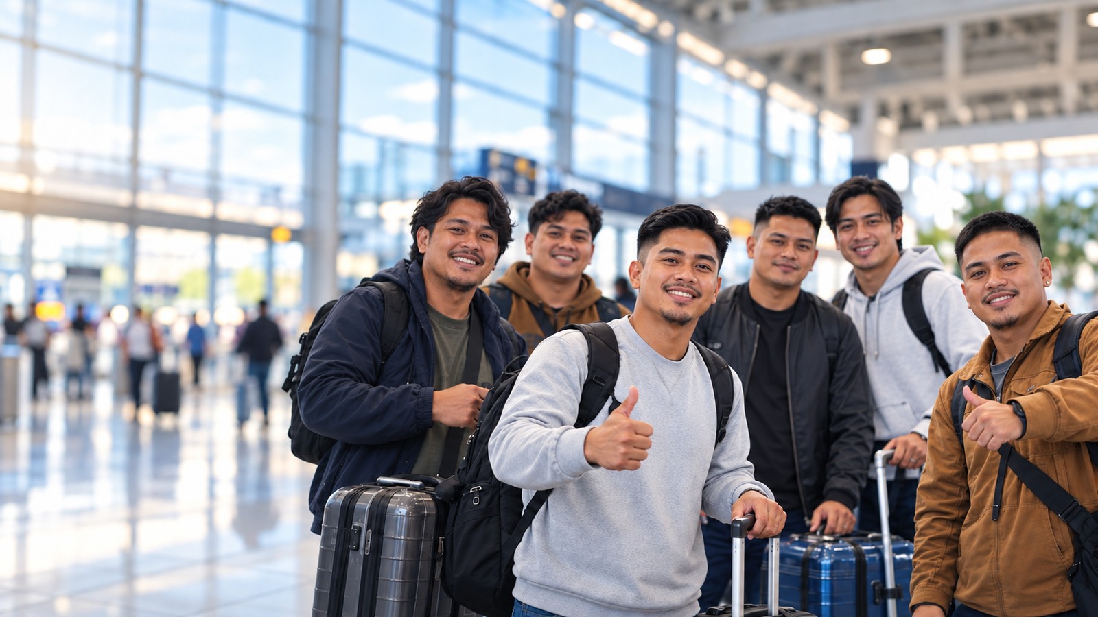 Skupina pracovníků z Filipín s kufry a batohy dává palec nahoru v letištní hale