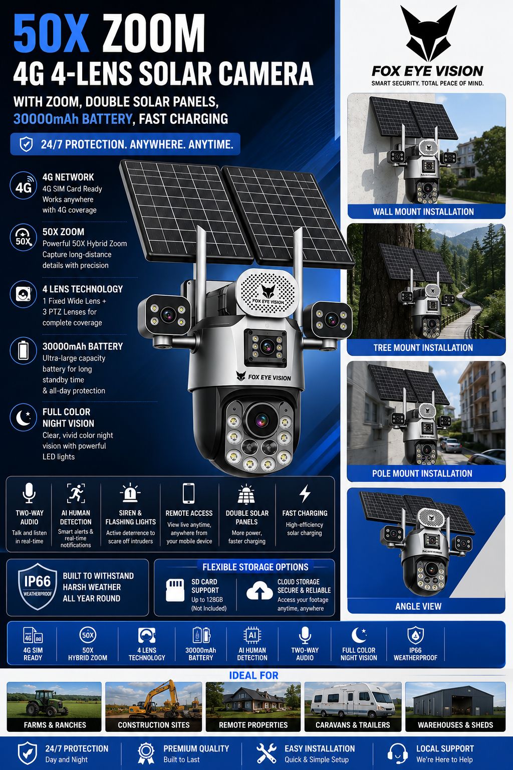FOX-4L-4G 50X Zoom 4G 4-Lens Solar AI Camera — Full Product Specifications