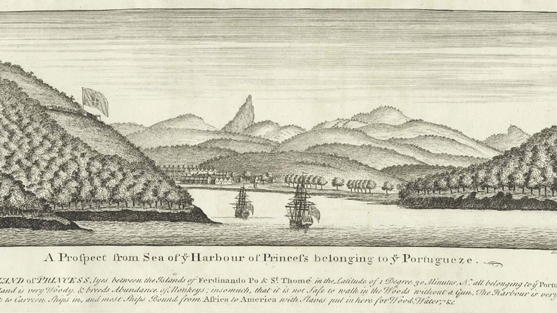 Historical engraving showing a prospect from sea of the harbour of Príncipe belonging to the Portuguese
