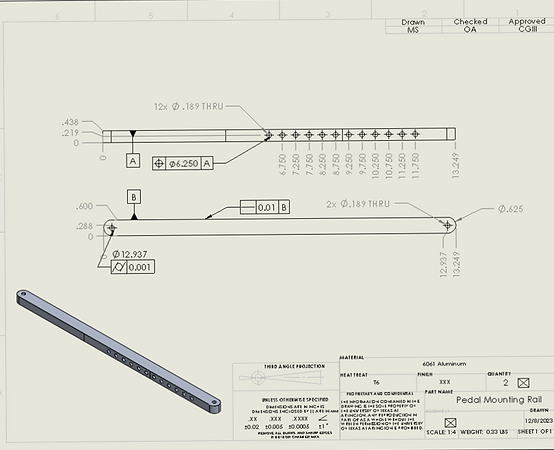 2D CAD drawing of the rails with GD&T