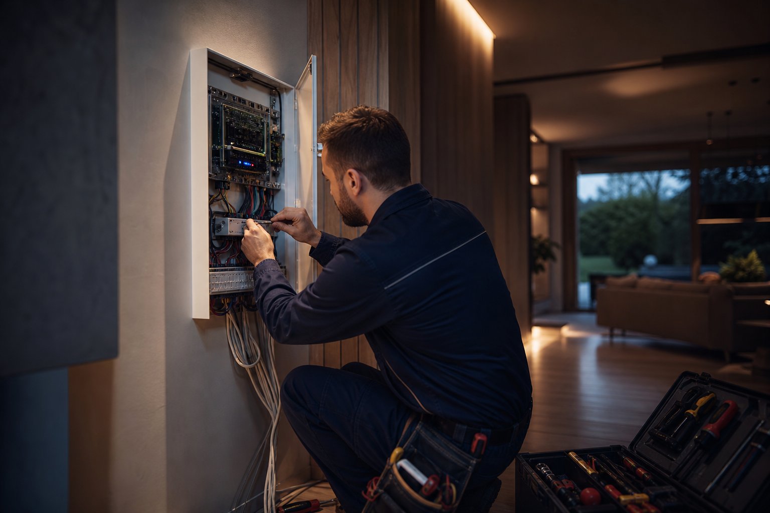 Technik provádí elektroinstalaci zabezpečovacího rozvaděče v rodinném domě