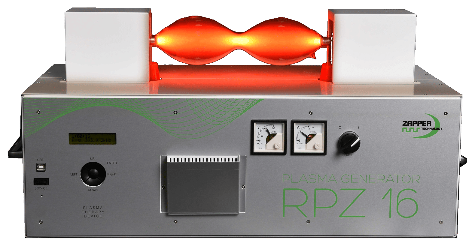 Plazmový generátor RPZ16 – stříbrné provedení s oranžově svítící výbojkou
