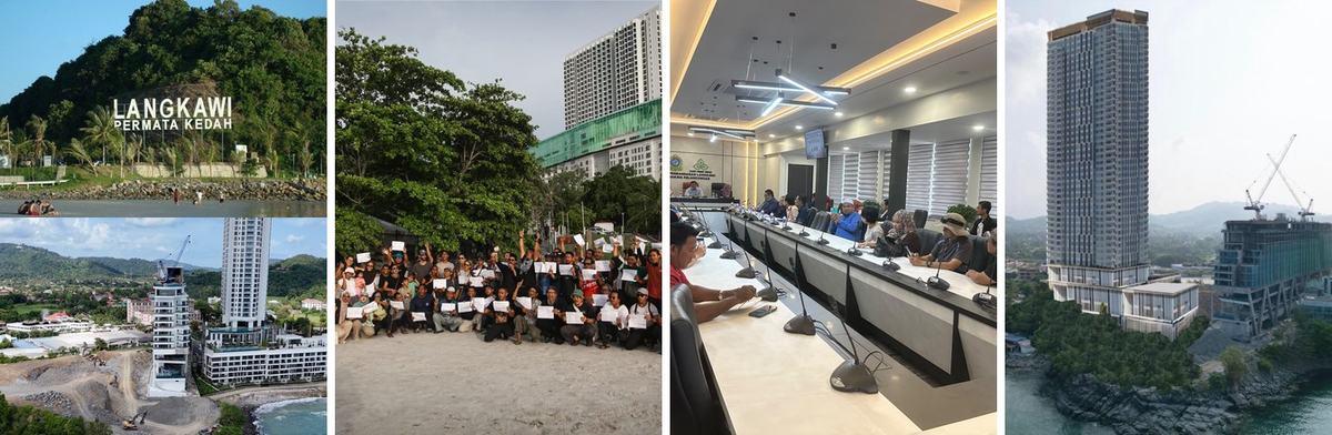 Four photos in one row: the Dropstone hill before and after excavation, a beach protest against the tower, the 8 September public hearing, and illustrations of the proposed 40-storey tower