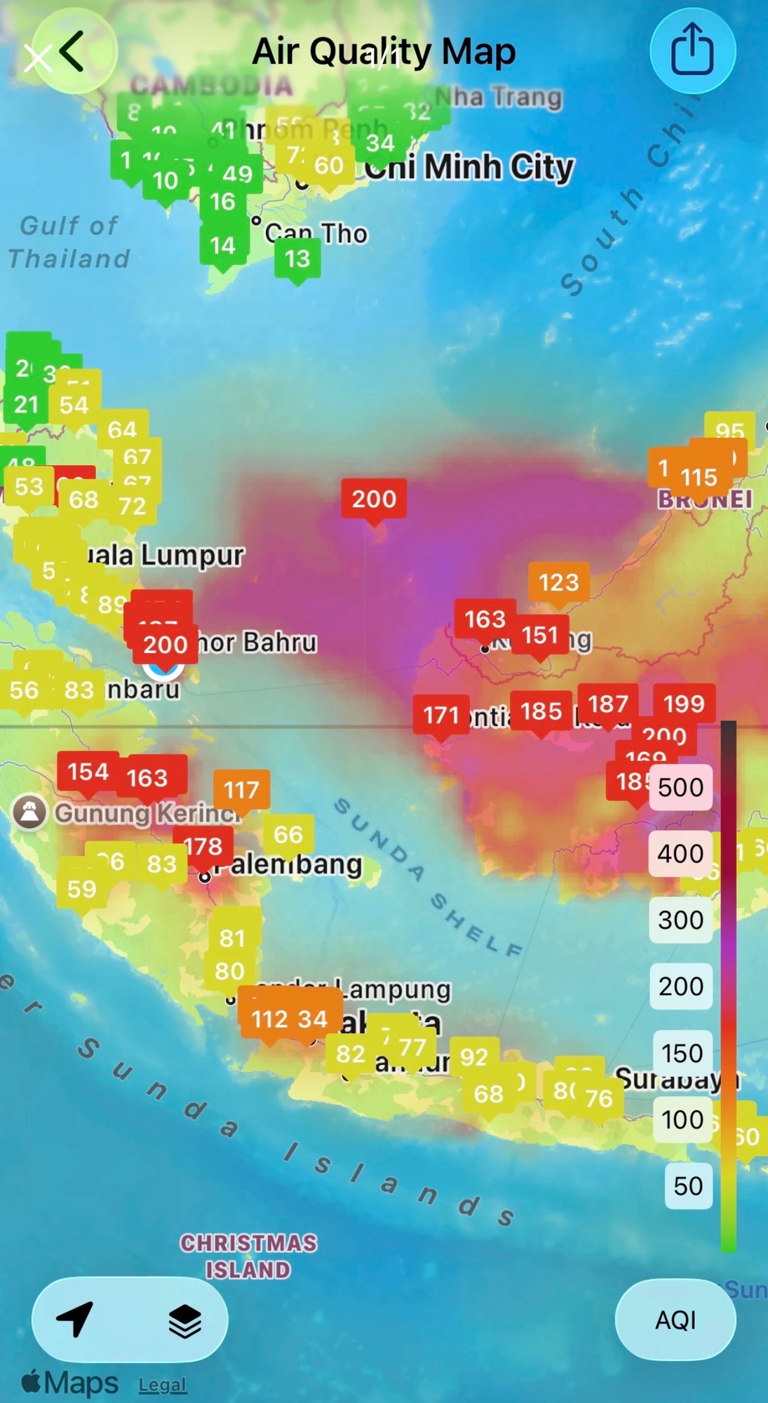 Air quality map showing red and orange readings of 150 to 200 over Kuala Lumpur, Johor, Sumatra and western Borneo