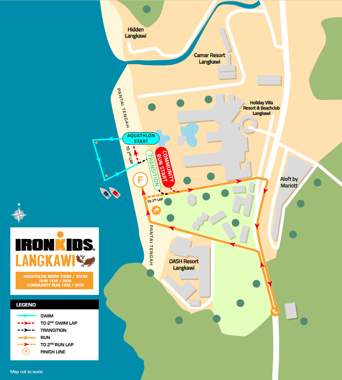 IRONKIDS Langkawi course map showing the aquathlon swim start on the beach at Pantai Tengah, a transition area and the run loop past Holiday Villa, DASH Resort and Aloft