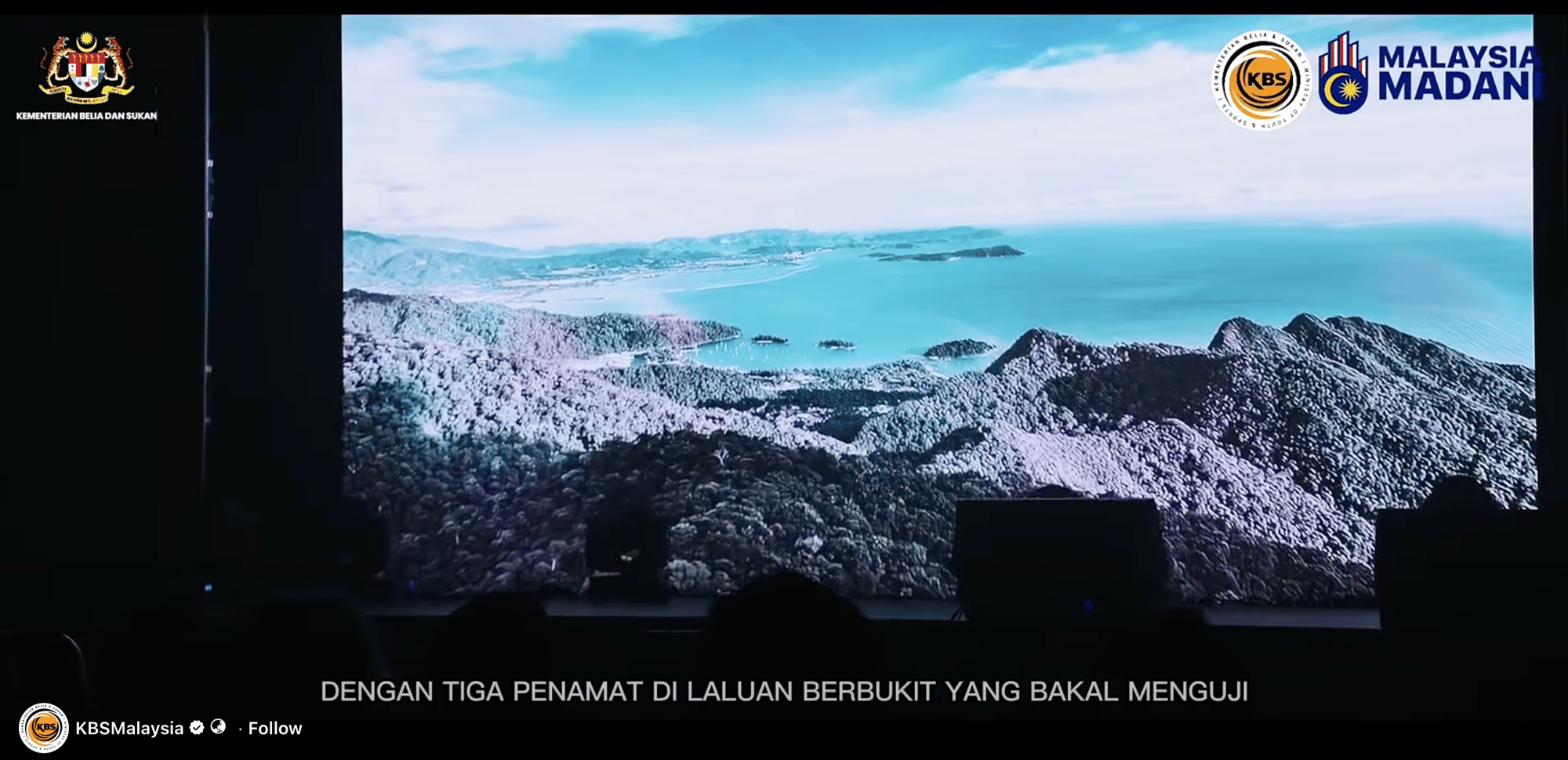 Launch-event stage screen showing Langkawi's coastal route scenery as its backdrop, with Ministry of Youth and Sports and Malaysia MADANI branding