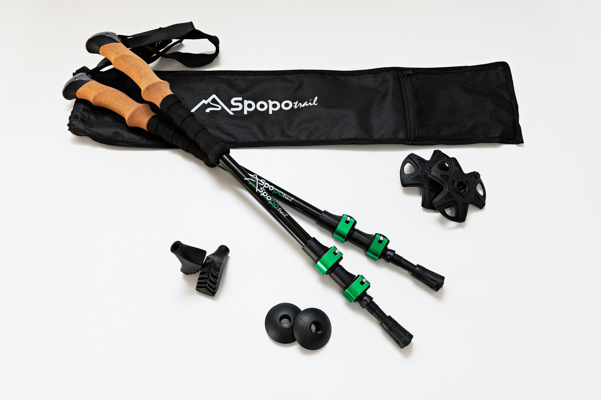 SpopoTrail teleskopické trekingové hole — kompletní sada s pouzdrem a příslušenstvím