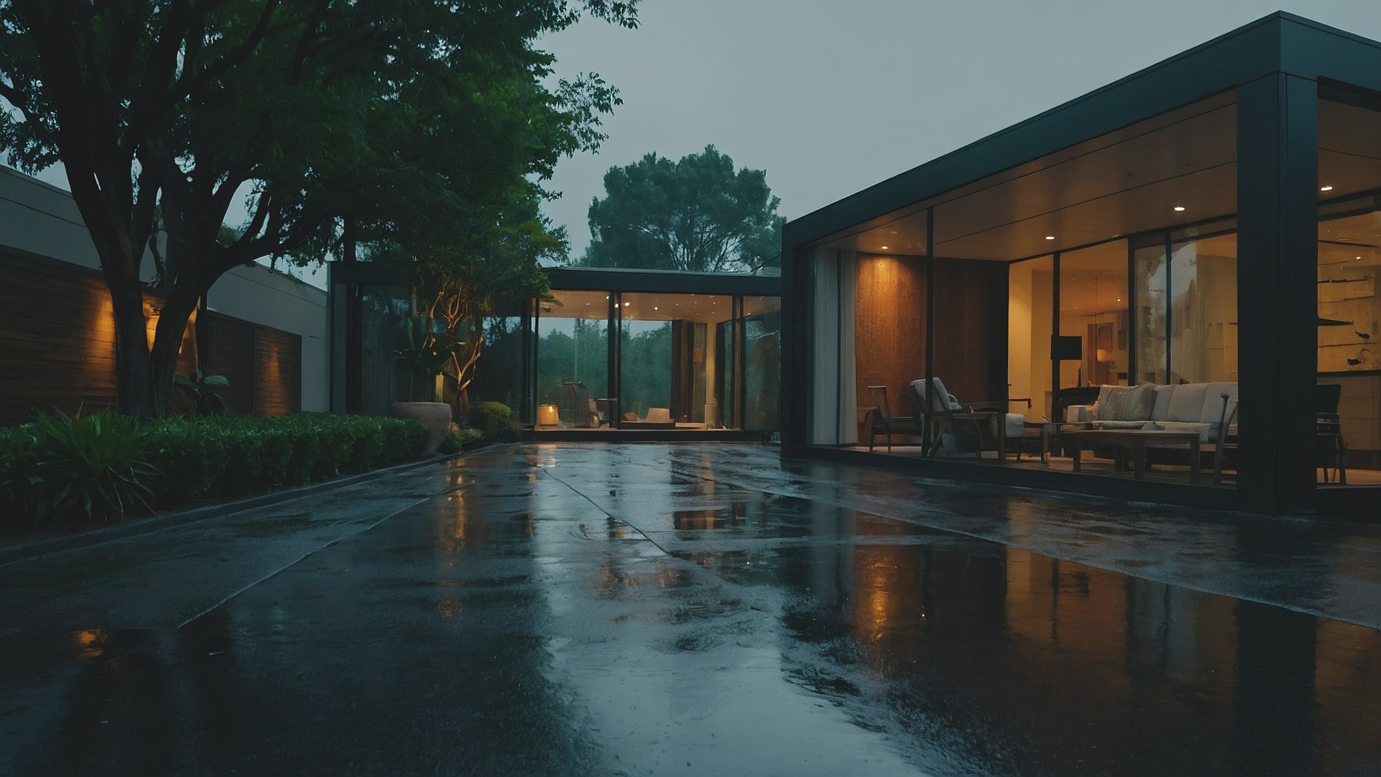 Modern luxury home exterior at dusk with warm interior lighting
