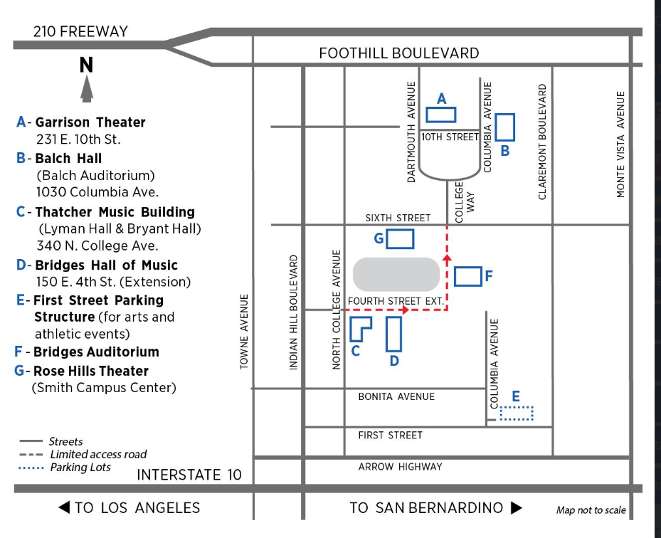 Pomona College parking map showing Bridges Hall of Music and nearby parking lots