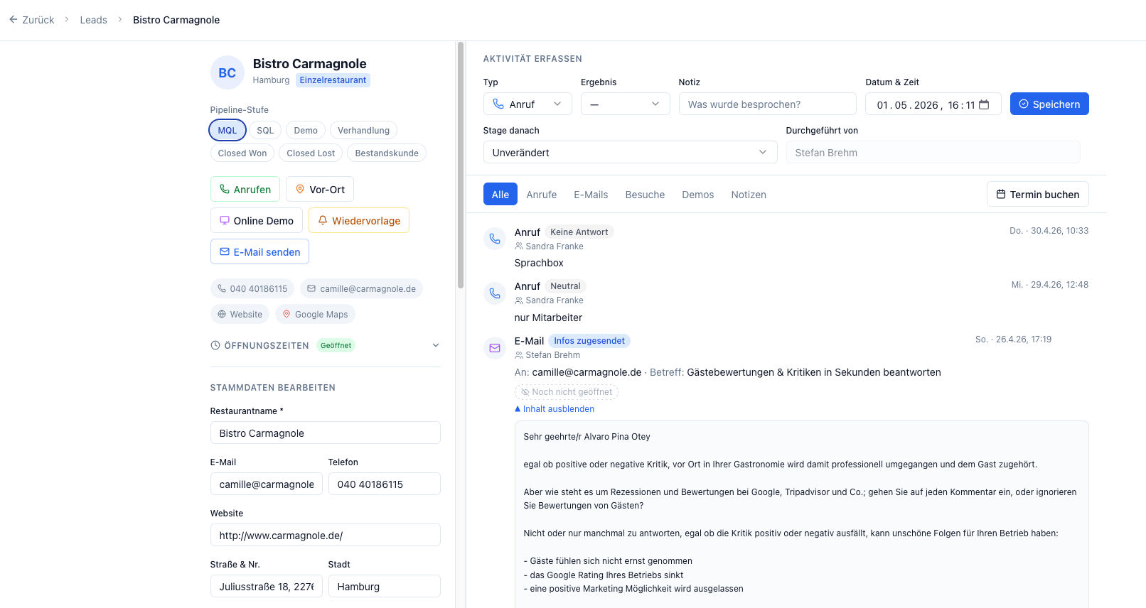 CRM Lead-Detailansicht mit Aktivitätsverlauf und Kontakthistorie