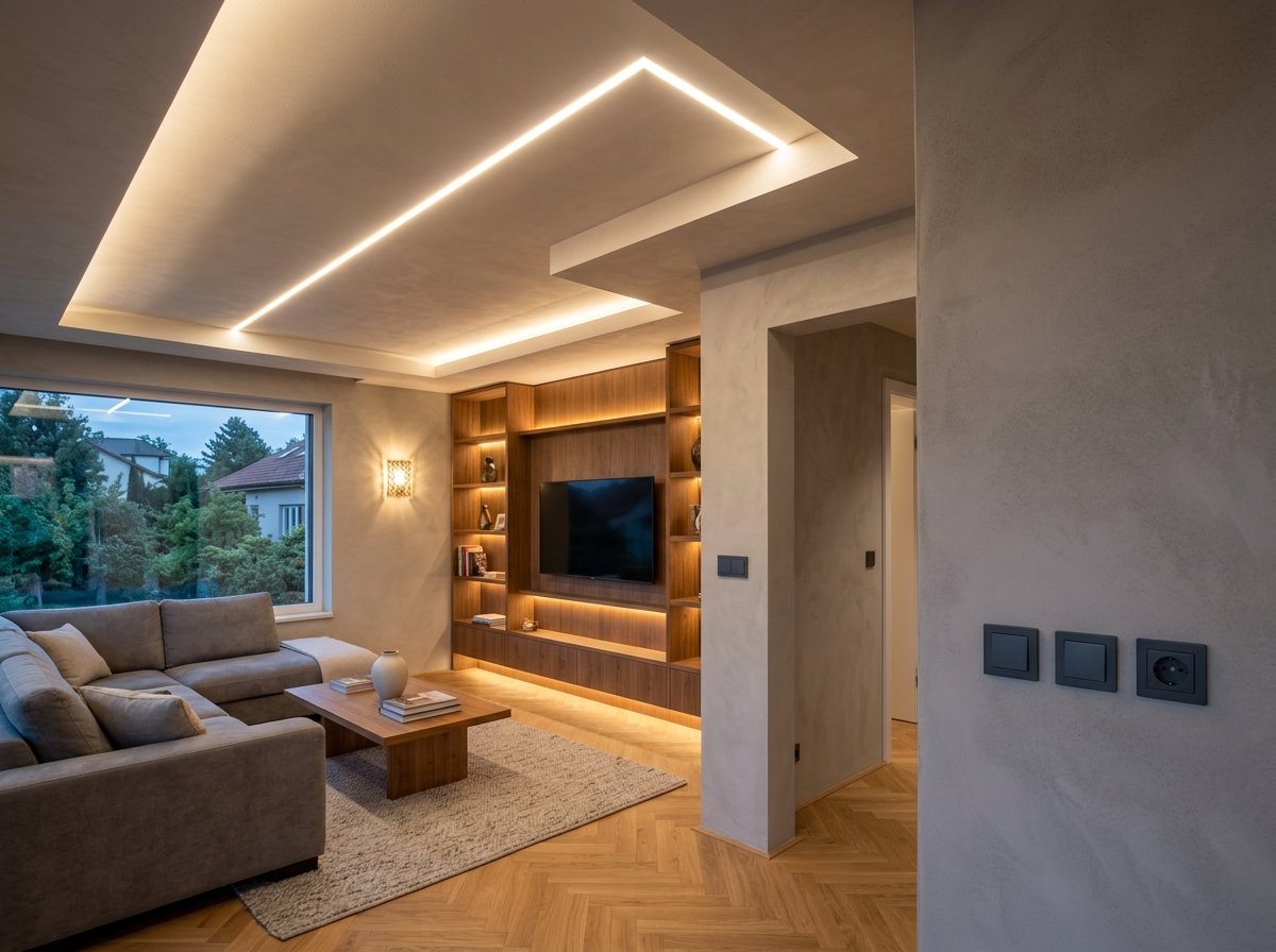 Obývací pokoj s nepřímým LED osvětlením a vypínači