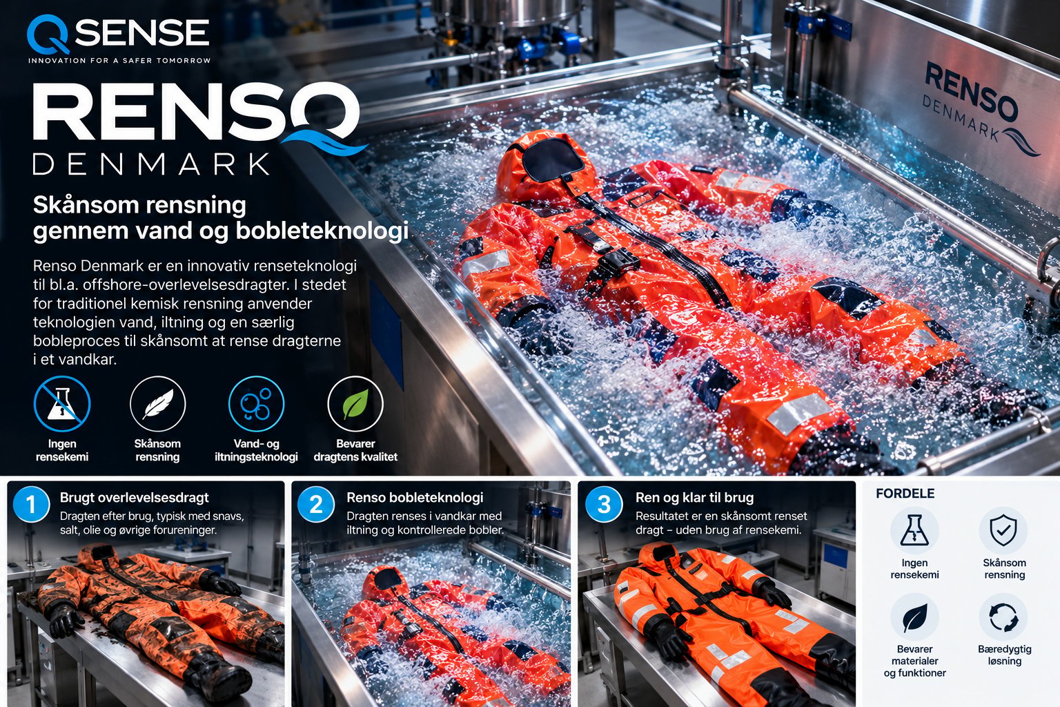 Renso Denmark: skånsom boblerensning af offshore-overlevelsesdragter