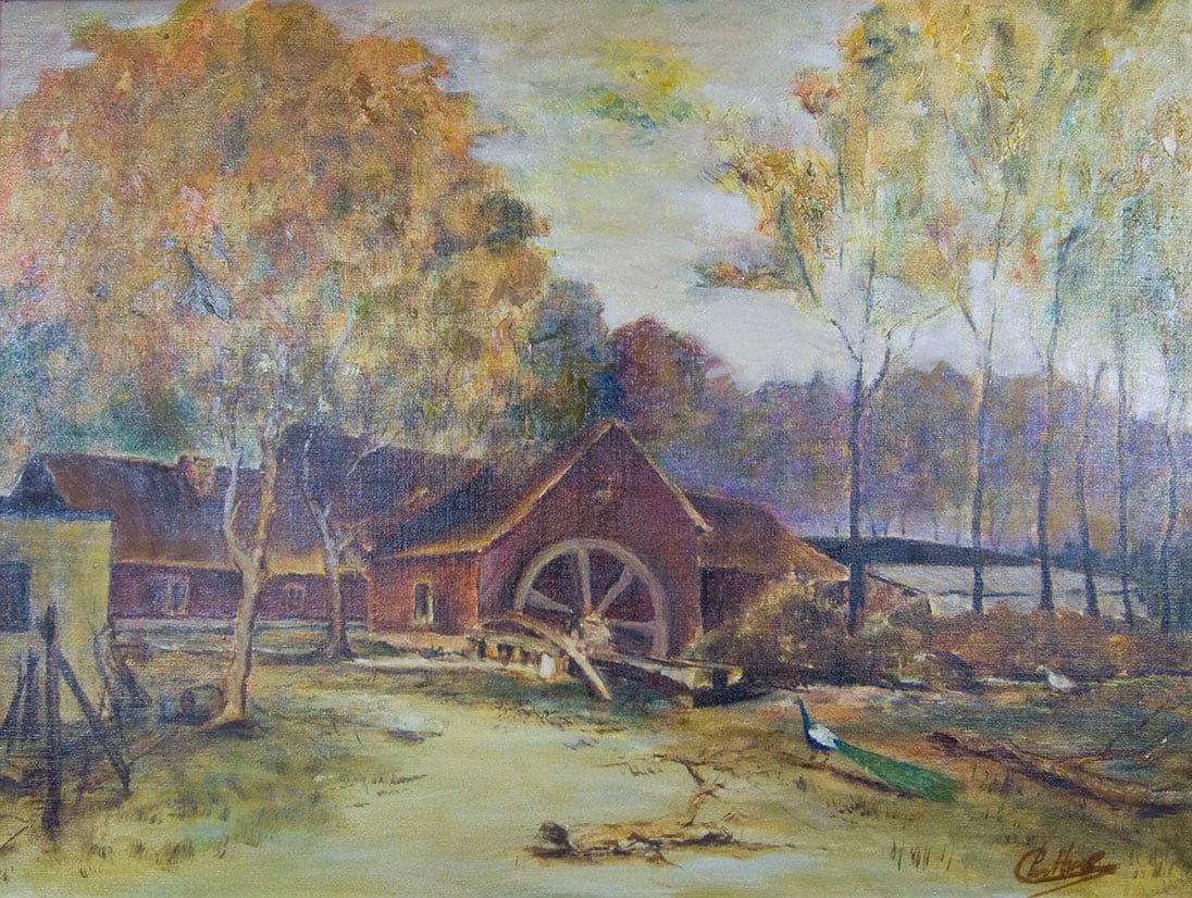 Watermolen met pauw