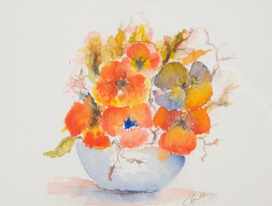 Oranje viooltjes in blauwe pot
