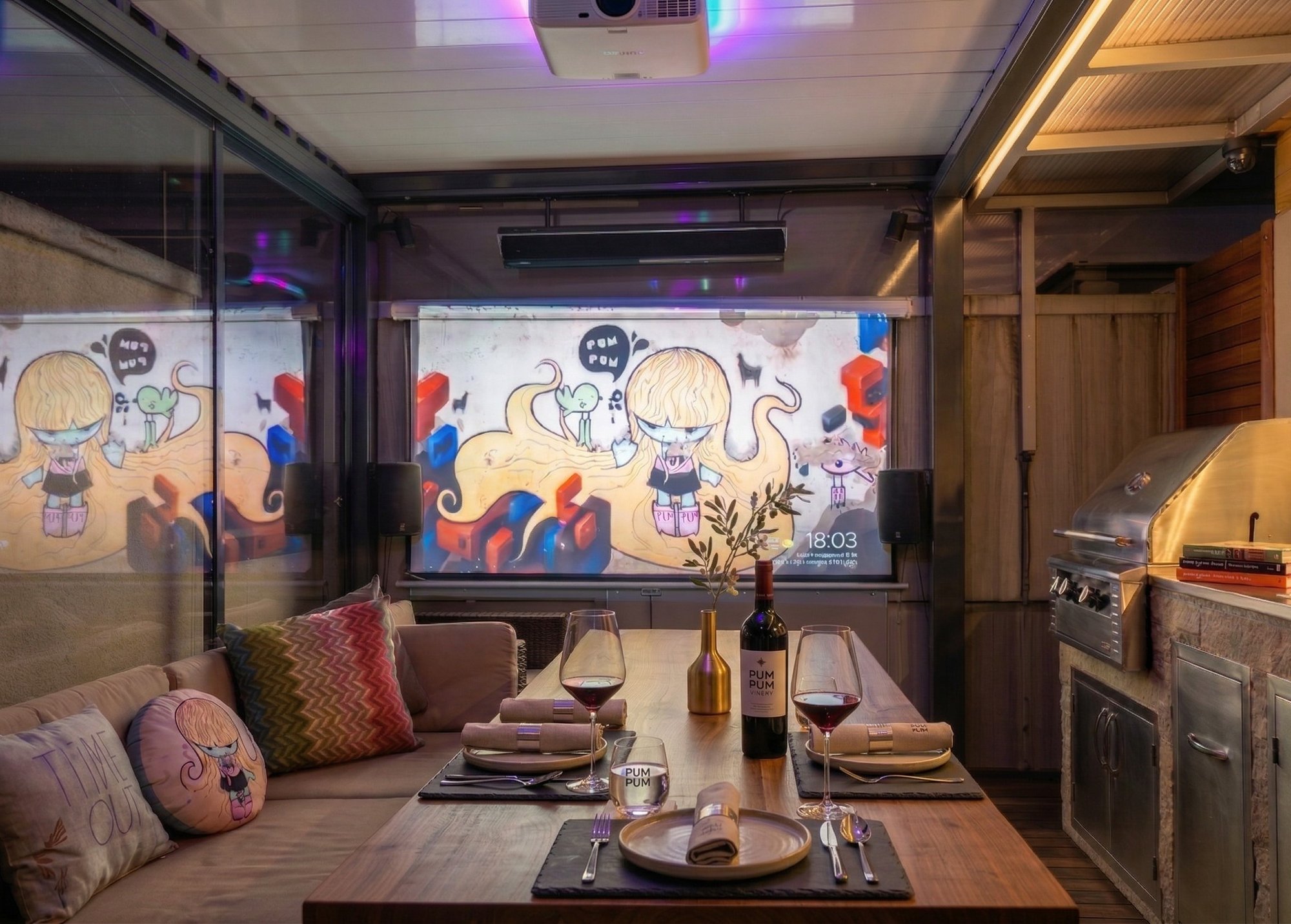 Rooftop terrace outdoor cinema night ambiance