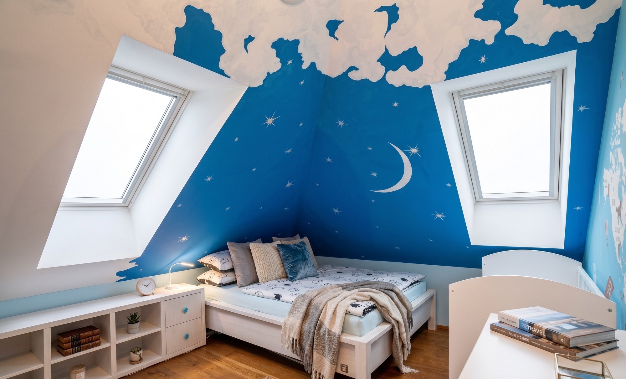 Children's bedroom with starry ceiling and teal bedding — B6