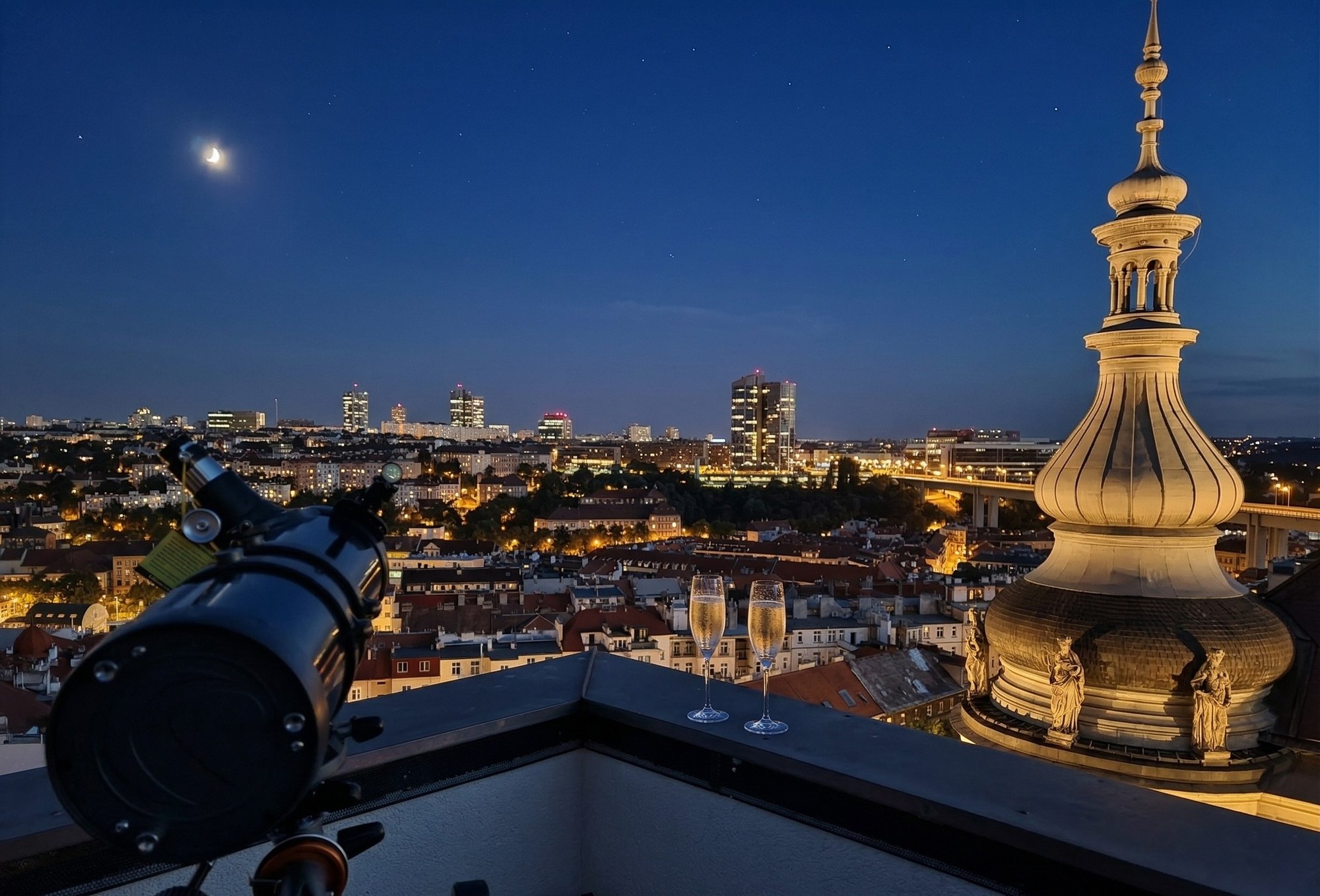 Panoramic Prague view from rooftop terrace at night