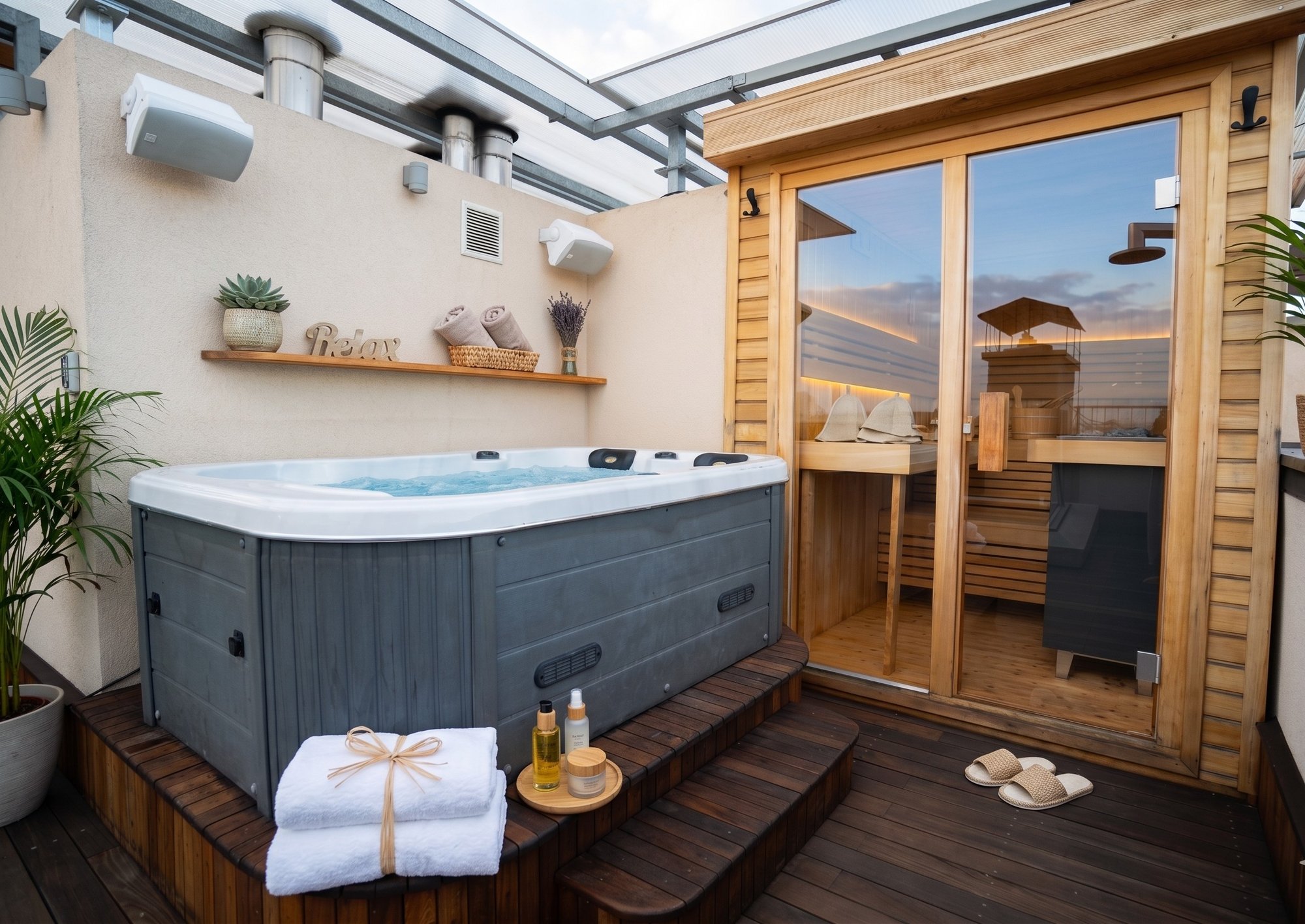 Private rooftop hot tub and sauna at golden hour
